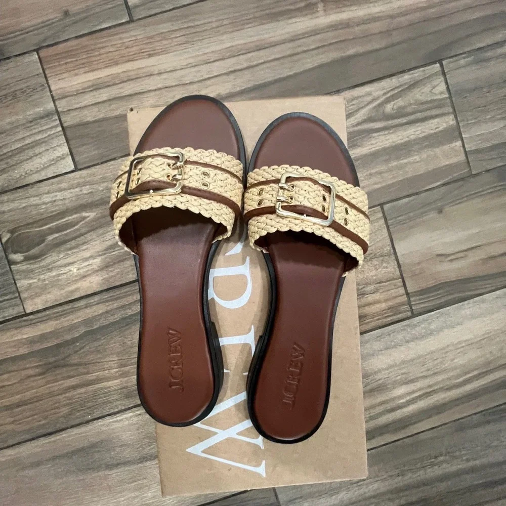 J.Crew Marlow Woven Raffia Leather Buckle Slide Sandals Coastal NIB Sz 8